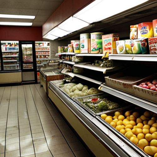 Home 13 **Prompt:** A stark urban "food desert" scene in a neglected neighborhood. In the foreground, a small, dimly lit convenience store displays limited, low-quality, and expensive processed foods, with a few wilted fruits. In the background, a large, well-lit, modern supermarket with abundant fresh produce is visible but seemingly inaccessible, emphasizing the profound inequality. The overall atmosphere is one of scarcity and frustration.