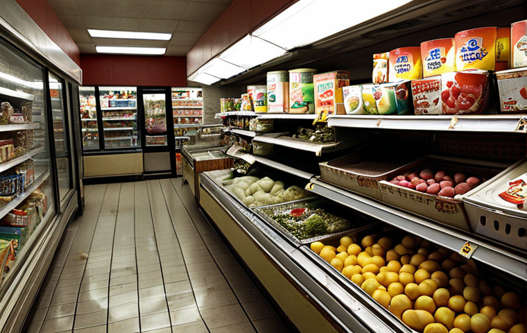 **Prompt:** A stark urban "food desert" scene in a neglected neighborhood. In the foreground, a small, dimly lit convenience store displays limited, low-quality, and expensive processed foods, with a few wilted fruits. In the background, a large, well-lit, modern supermarket with abundant fresh produce is visible but seemingly inaccessible, emphasizing the profound inequality. The overall atmosphere is one of scarcity and frustration.