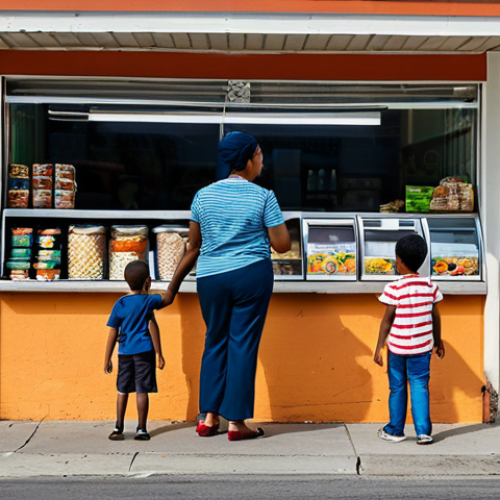 Home 8 A diverse family, a mother and two children, fully clothed in modest, everyday attire, standing on a street in a vibrant but underserved urban neighborhood. In the background, a small convenience store is visible, its windows showcasing only packaged, processed food items, clearly illustrating the absence of fresh produce. The scene conveys a sense of daily life and the challenge of accessing healthy food options. Professional photography, high detail, perfect anatomy, correct proportions, natural pose, well-formed hands, proper finger count, natural body proportions, safe for work, appropriate content, family-friendly, fully clothed.