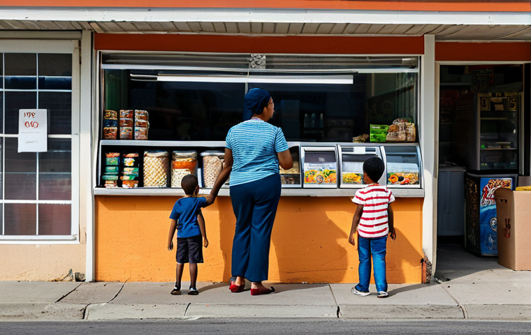 A diverse family, a mother and two children, fully clothed in modest, everyday attire, standing on a street in a vibrant but underserved urban neighborhood. In the background, a small convenience store is visible, its windows showcasing only packaged, processed food items, clearly illustrating the absence of fresh produce. The scene conveys a sense of daily life and the challenge of accessing healthy food options. Professional photography, high detail, perfect anatomy, correct proportions, natural pose, well-formed hands, proper finger count, natural body proportions, safe for work, appropriate content, family-friendly, fully clothed.
