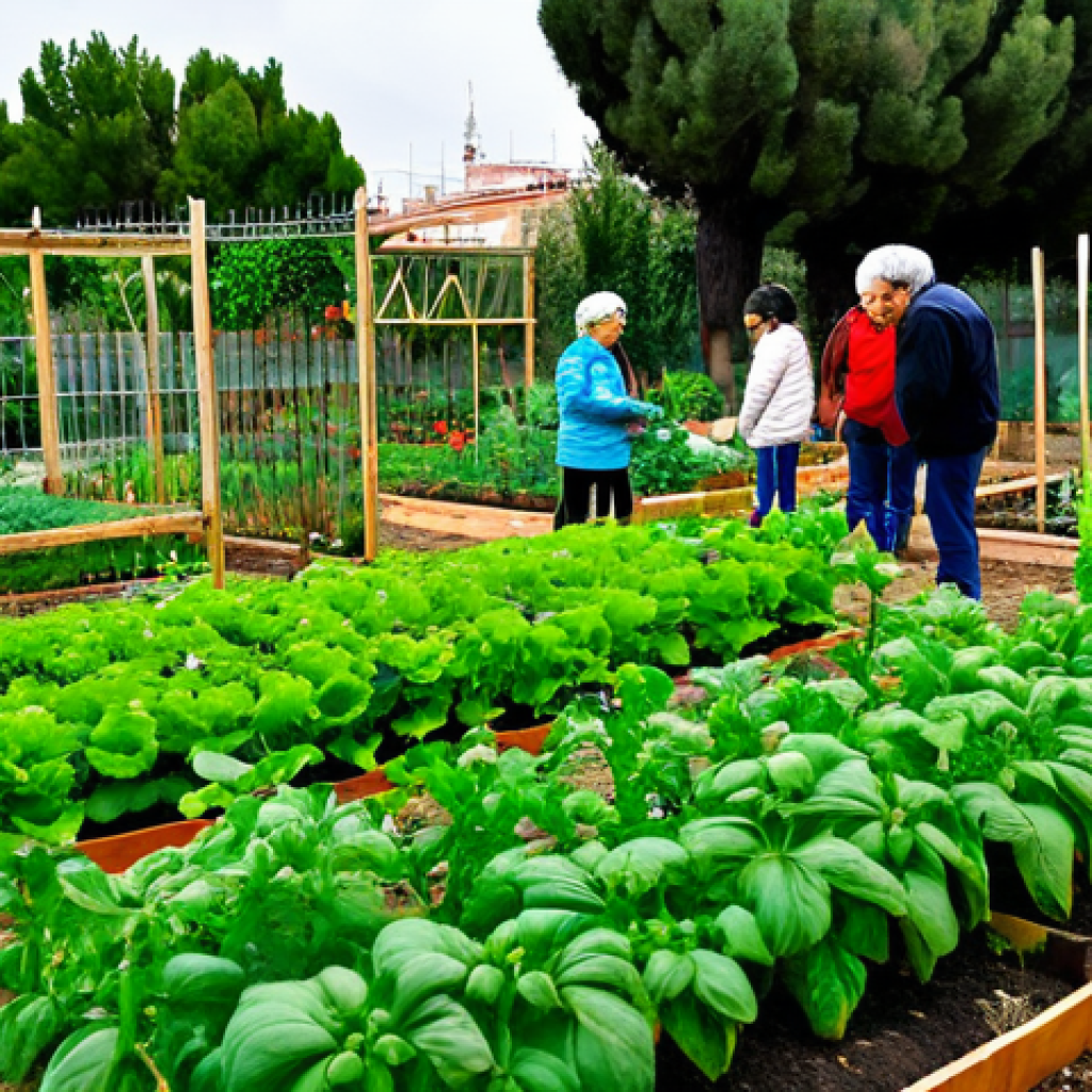 도시 농업의 혁신적 접근 방식 - Community Garden in Madrid**

"A vibrant community garden in Madrid, Spain, with diverse neighbors o...