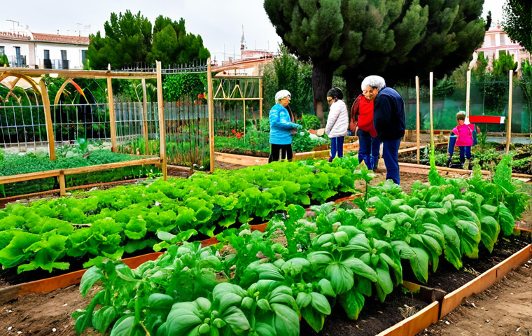 도시 농업의 혁신적 접근 방식 - Community Garden in Madrid**
"A vibrant community garden in Madrid, Spain, with diverse neighbors o...