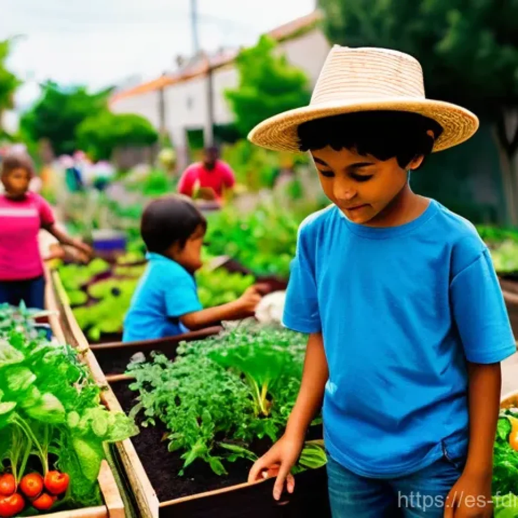도시 식량 정의와 비영리 조직의 역할 - **A Vibrant Community Garden in an Urban Setting:**
A bustling and joyful scene in a thriving ur...
