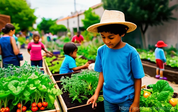 도시 식량 정의와 비영리 조직의 역할 - **A Vibrant Community Garden in an Urban Setting:**
A bustling and joyful scene in a thriving ur...