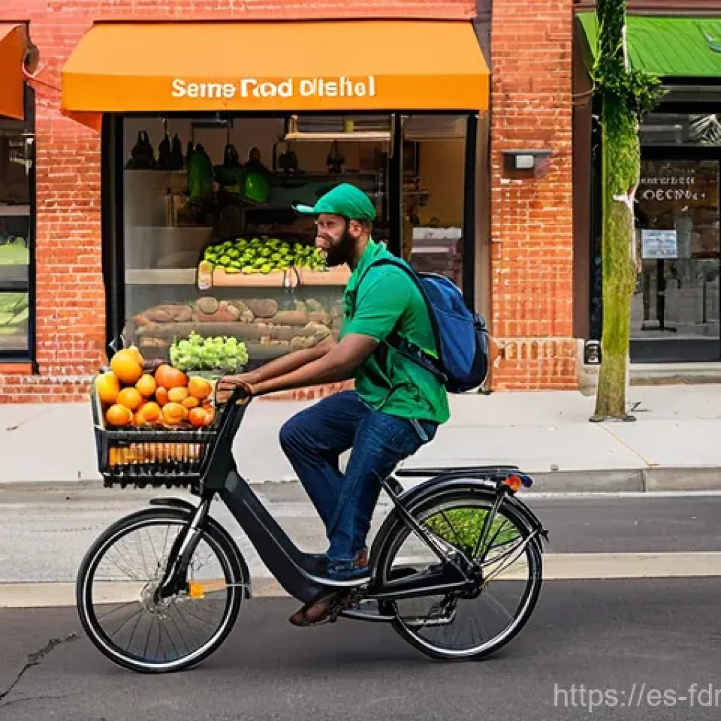 도시 식량 정의와 기술 혁신의 가능성 - **Urban Food Oasis Delivery:** A bustling, vibrant street scene in a diverse urban neighborhood. A f...