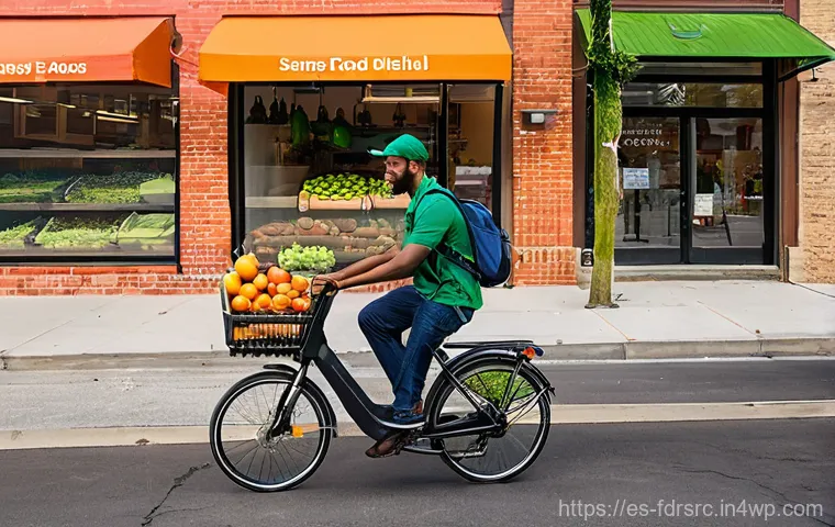 도시 식량 정의와 기술 혁신의 가능성 - **Urban Food Oasis Delivery:** A bustling, vibrant street scene in a diverse urban neighborhood. A f...