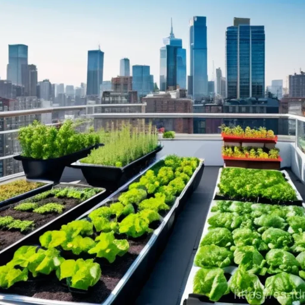 도시 농업과 전통 농업의 차이점 - **Vibrant Rooftop Urban Garden:** A bustling city rooftop transformed into a thriving community gard...