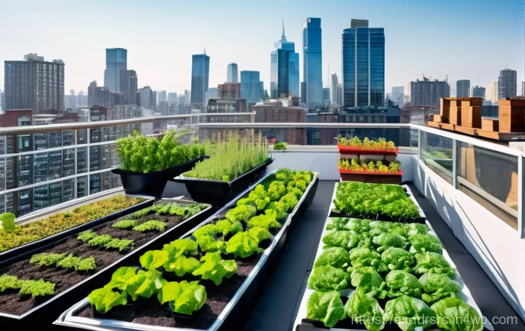 도시 농업과 전통 농업의 차이점 - **Vibrant Rooftop Urban Garden:** A bustling city rooftop transformed into a thriving community gard...