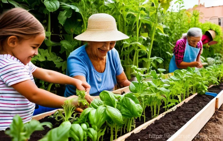 도시 식량 정의 참여를 위한 홍보 전략 - **Urban Community Garden in Valencia: A Tapestry of Generations and Growth**
    A vibrant, sun-dren...