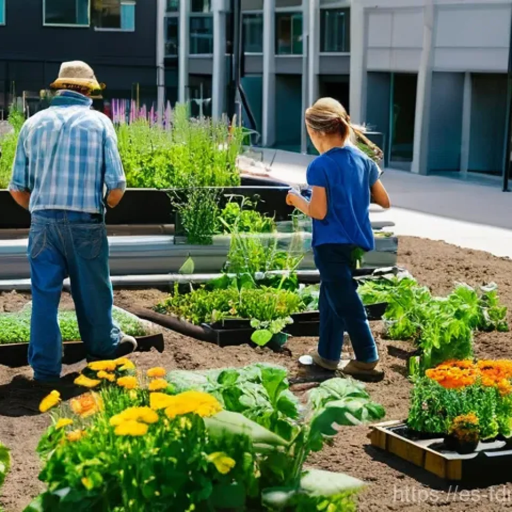 도시 농업의 발전을 위한 연구 프로젝트 - **Prompt:** A vibrant, bustling rooftop urban garden overseeing a modern cityscape during a sunny af...