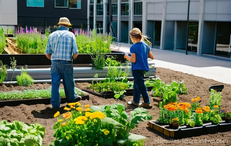 도시 농업의 발전을 위한 연구 프로젝트 - **Prompt:** A vibrant, bustling rooftop urban garden overseeing a modern cityscape during a sunny af...
