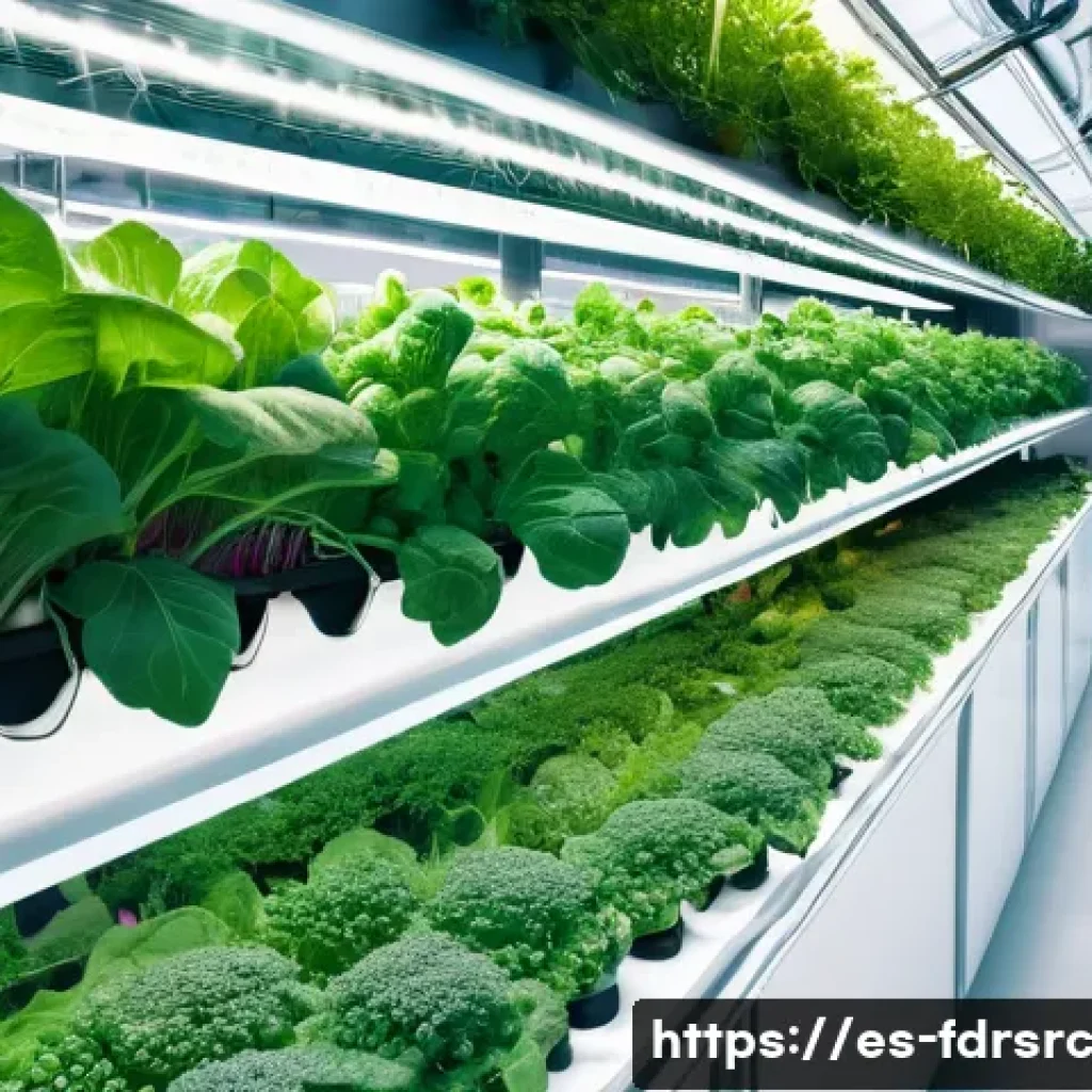 도시 식량 정의 활동에 필요한 기술 - A modern vertical farm inside a sleek urban greenhouse in Madrid, showcasing multiple layers of lush...
