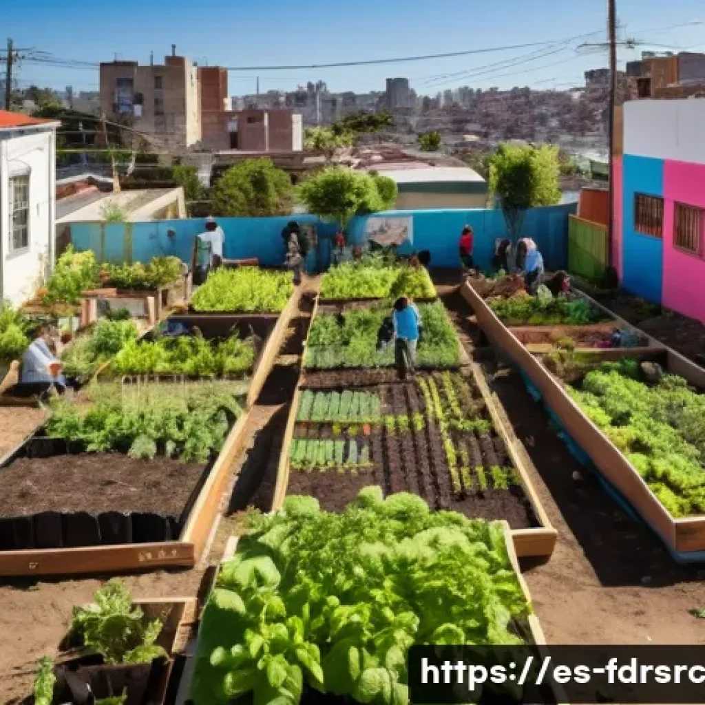 도시 농업 프로젝트 사례 분석 - A vibrant community urban garden in a bustling Latin American neighborhood, featuring diverse people...