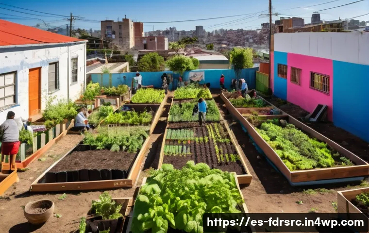 도시 농업 프로젝트 사례 분석 - A vibrant community urban garden in a bustling Latin American neighborhood, featuring diverse people...