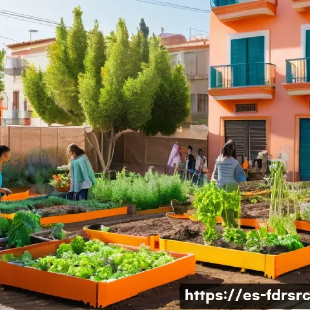 지역 사회에서 도시 식량 정의 활동 활성화하기 - A vibrant urban community garden in a Spanish neighborhood, with diverse families of all ages tendin...