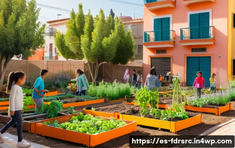 지역 사회에서 도시 식량 정의 활동 활성화하기 - A vibrant urban community garden in a Spanish neighborhood, with diverse families of all ages tendin...