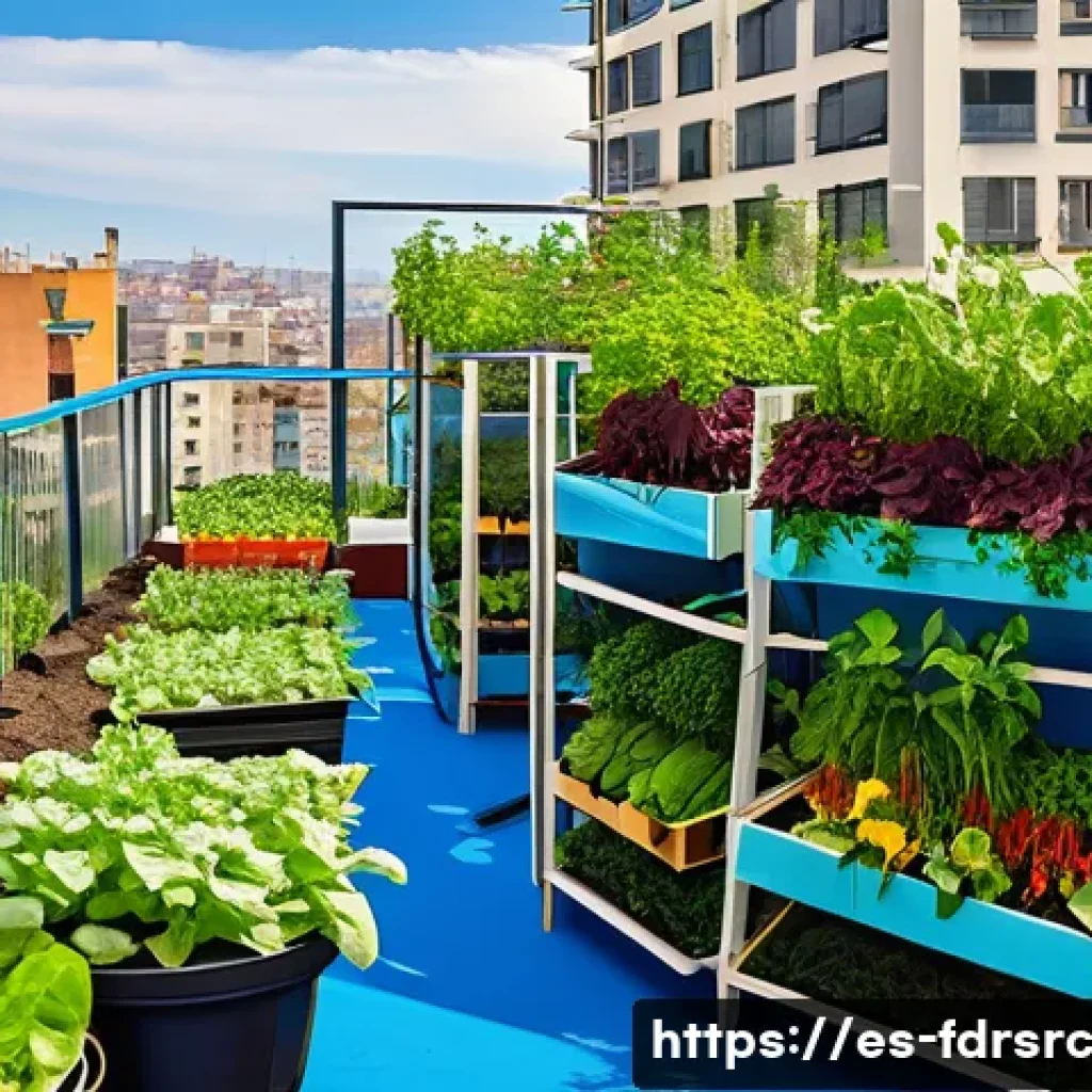 도시 식량 정의 활동을 위한 예산 편성 방법 - A vibrant urban rooftop garden in a Spanish-speaking Latin American city, featuring multi-level vert...