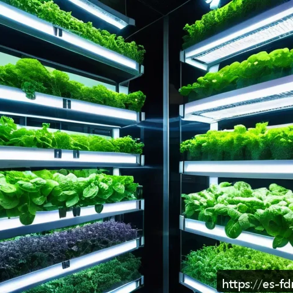 도시 식량 정의를 위한 정책 제안 - A futuristic vertical farm inside a modern urban building in Mexico City, showcasing multiple stacke...