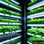 도시 식량 정의를 위한 정책 제안 - A futuristic vertical farm inside a modern urban building in Mexico City, showcasing multiple stacke...