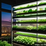 도시 식량 정의 참여를 위한 혁신적인 기술 - A vibrant urban vertical farm inside a modern Latin American city building, showcasing multiple stac...