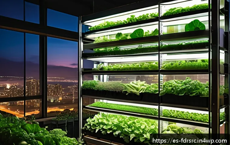 도시 식량 정의 참여를 위한 혁신적인 기술 - A vibrant urban vertical farm inside a modern Latin American city building, showcasing multiple stac...