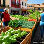 도시 식량 정의 참여를 위한 SNS 활용법 - A vibrant urban community garden scene in a sunny neighborhood in Spain, showing diverse adults and ...