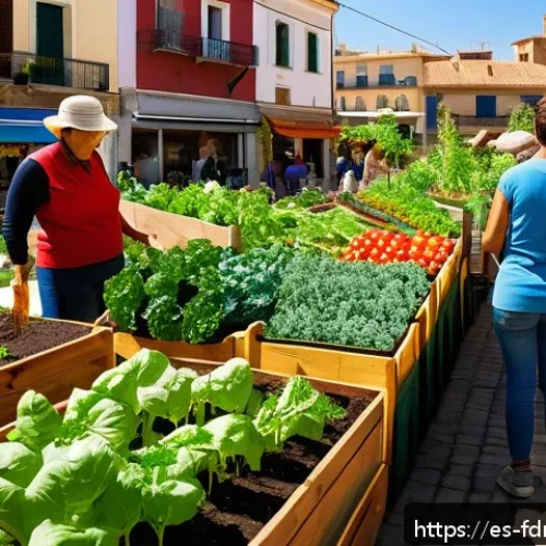 도시 식량 정의 참여를 위한 SNS 활용법 - A vibrant urban community garden scene in a sunny neighborhood in Spain, showing diverse adults and ...