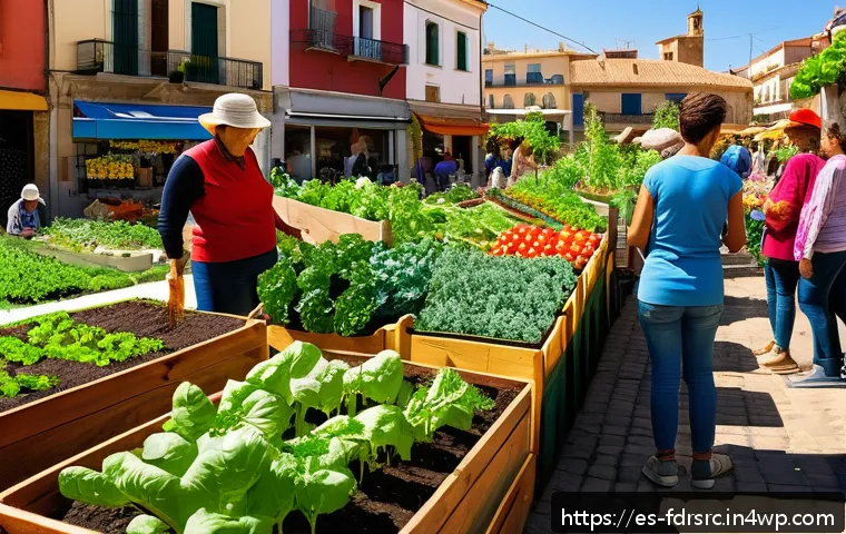 도시 식량 정의 참여를 위한 SNS 활용법 - A vibrant urban community garden scene in a sunny neighborhood in Spain, showing diverse adults and ...