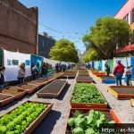 도시 식량 정의 활동의 국제적 연대 - A vibrant community urban garden in Buenos Aires, featuring diverse groups of people exchanging seed...