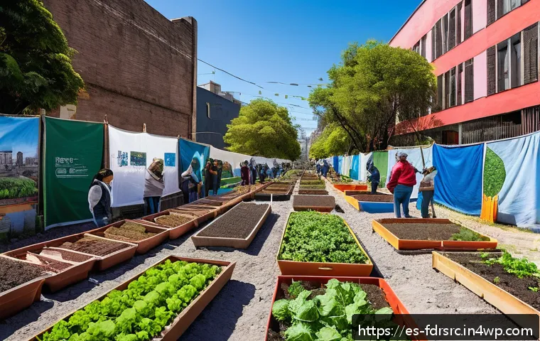 도시 식량 정의 활동의 국제적 연대 - A vibrant community urban garden in Buenos Aires, featuring diverse groups of people exchanging seed...