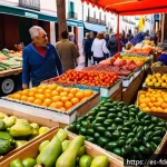 도시 식량 정의와 세대 간의 연관성 - A vibrant local farmers market in Madrid&rsquo;s Mercado de San Miguel, bustling with diverse vendors disp...