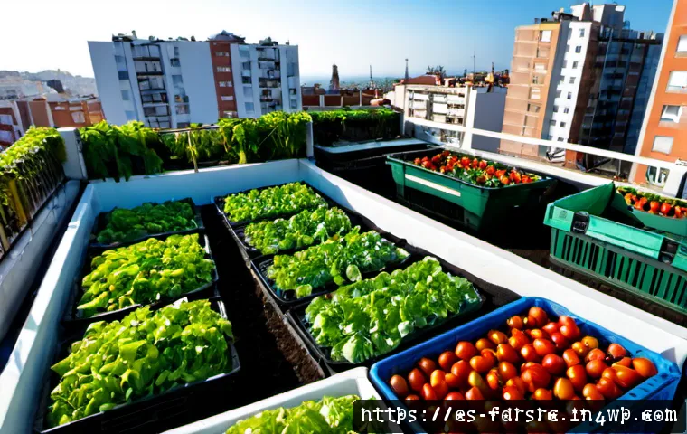 Home 30 도시 식량 정의와 식품 접근성 문제 - Photorealistic wide-angle scene of an urban community rooftop garden in a Spanish city, diverse loca...